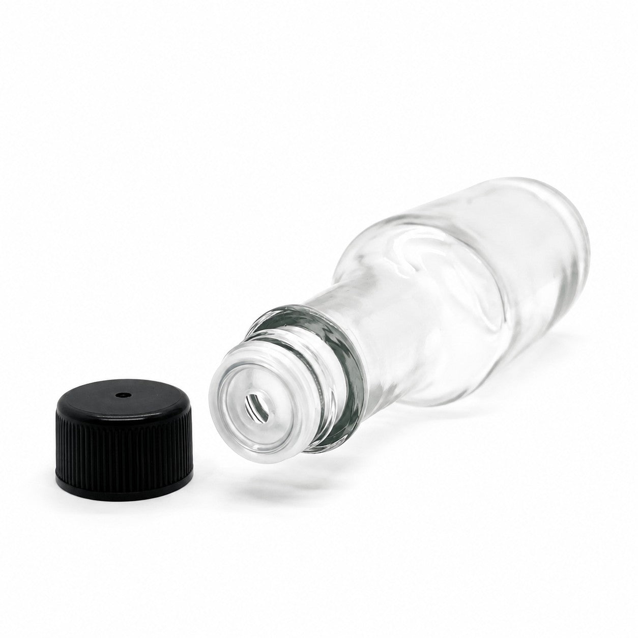 150mL. (Woozy Bottle) Clear Round Glass Bottle with Black Cap