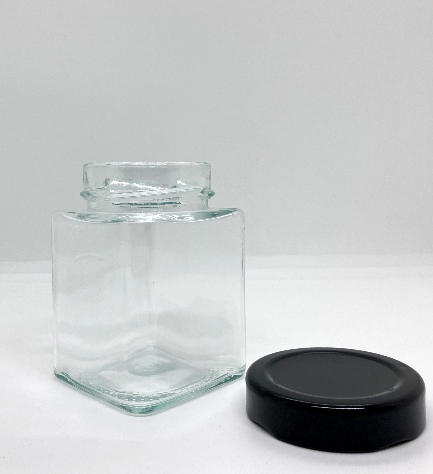240mL. Clear Square Straight Cut Glass Jar and Deep Lid (Net Fill Capacity: 210mL.+/-)