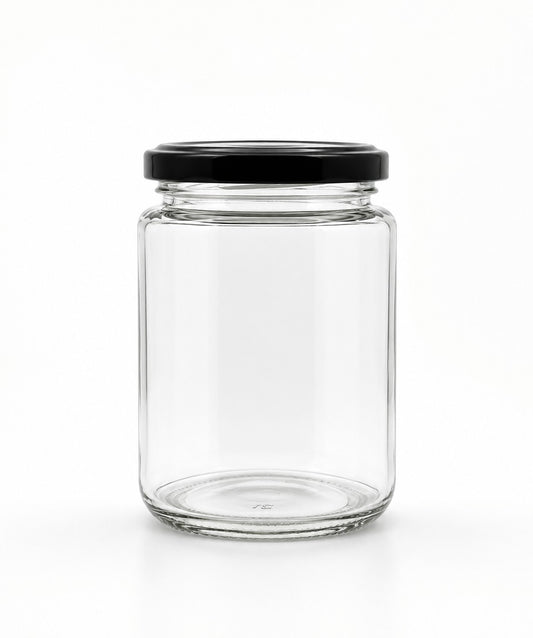 350mL. Clear Round Straight Cut Glass Jar and lid (Net Fill Capacity: 300mL.+/-)