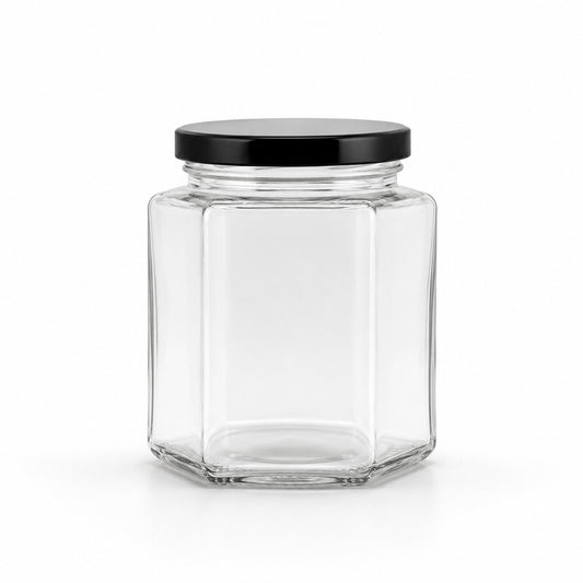 420 mL Hexagonal Glass Jar | Lid Included | Case of 72