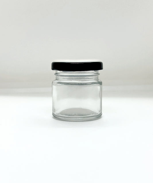 60mL. Clear Round Straight Cut Glass Jar and Lid (Net Fill Capacity: 50mL.+/-)