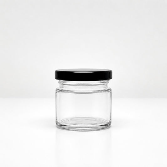 60mL. Clear Round Straight Cut Glass Jar and Lid (Net Fill Capacity: 50mL.+/-)