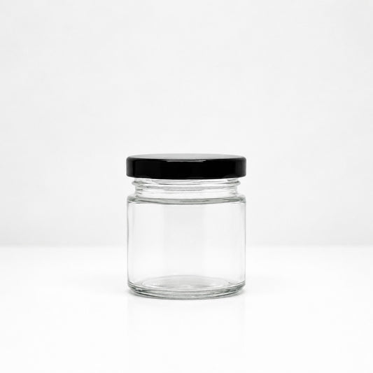 80mL. Clear Round Straight Cut Glass Jar and Lid (Net Fill Capacity: 70mL.+/-)